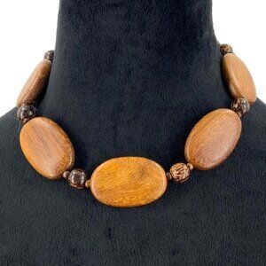 Wood Bead Necklace Round Oval Shapes Adjustable Length Boho Style